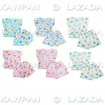 K.baby ชุดเด็กอ่อนเเรกเกิด แขนระบาย ลายการ์ตูน แบบผูกหน้า แพค 6 ชุด(สีฟ้า/ชมพู/ขาว)