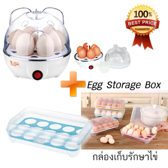 shop108 เครื่องต้มไข่ระบบไอน้ำ 6 ฟอง + Eggs Storage Box กล่องพลาสติกเก็บรักษาไข่ 15 ฟอง