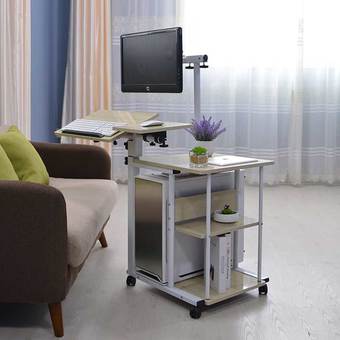 Mylazydesk โต๊ะวางคอม พิวเตอร์ โต๊ะปรับระดับ Computer Desk ล้อเลื่อน ขยายพื้นที่ รุ่น 08 สีลายไม้อ่อน ขนาด 68x30+45x45 cm.