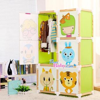 ThaiBabyZone ตู้เสื้อผ้าเด็ก ลายการ์ตูน DIY แบบโครงไม้ 6 ช่อง (สีเขียว)(Green)