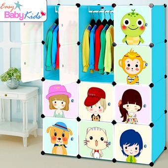 EasyBabykids ตู้เสื้อผ้าเด็ก DIY ลายการ์ตูน 12 ช่อง (สีฟ้า)