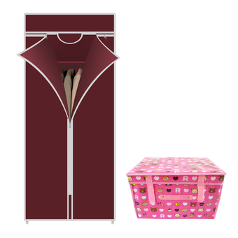 HHsociety ตู้เสื้อผ้า Quality Wardrobe ซิปเดียว – สีแดง+กระเป๋าจัดเก็บของอเนกประสงค์ ลาย Mini Bear - สีชมพู