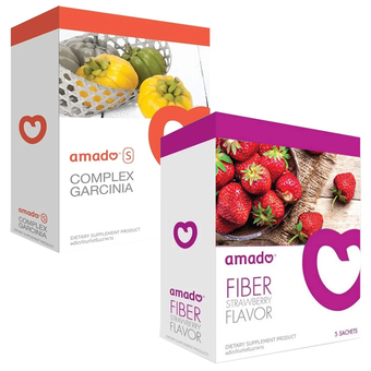 Amado S Garciniaอมาโด้ เอส อาหารเสริมควบคุมน้ำหนัก กล่องส้ม(10แคปซูล) + Fiber Detoxดีท๊อกซ์ กล่องม่วง รุ่นใหม่(5ซอง)