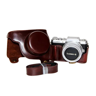 PU Leather Camera Case Bag Cover Tripod Design with Shoulder Strap for Panasonic Lumix GF7 GF8 (Coffee)
