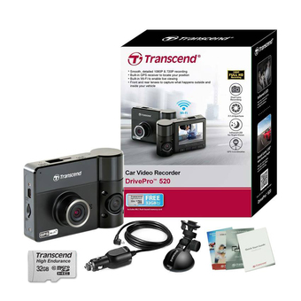 Transcend DrivePro 520 Dual Lans กล้องติดรถยนต์ 2กล้อง หน้า-หลัง Full HD WiFi GPS (Black) + Transcend Memory MicroSD/HC UHS-I 600X Class10 32GB.+ขาติดกระจกรถสูญญากาศ+สายชาร์จในรถยาว 3เมตร+คู่มือการใช้งาน