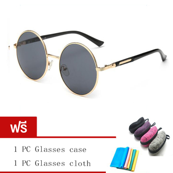 Hot Vintage Round lens Sunglasses แว่นกันแดดทรงกลม เลนส์โพลาไรส์ รุ่น (Glod/Black)ฟรี 1 PC Glasses case+1PC Glasses cloth)