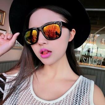 แว่นตาแฟชั่น แว่นกันแดดกรอบเลนส์สีดำเงา รุ่น001 เลนส์ภายนอกสะท้อนสีส้มอมชมพู