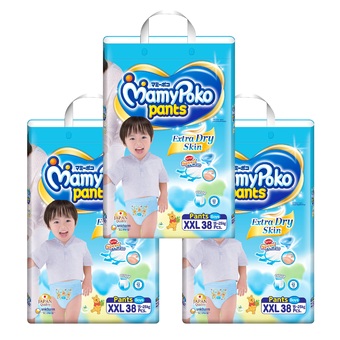 ขายยกลัง! Mamy Poko กางเกงผ้าอ้อม รุ่น Extra Dry Skin ไซส์ XXL แพ็ค 3 รวม 114 ชิ้น (สำหรับเด็กชาย)