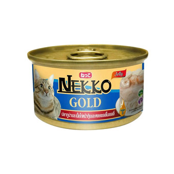 Nekko Gold เน็กโกะ โกลด์ อาหารแมวกระป๋องสำเร็จรูป ชนิดเปียก รสปลาทูน่าและเนื้อไก่หน้ากุ้งและหอยเชลล์ในเยลลี่ 85 กรัม 48 กระป๋อง/ลัง (น้ำเงิน)
