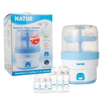 Natur เครื่องนึ่งขวดนมไฟฟ้า รุ่น 8 นาที แถมฟรี ขวดกลม 4 oz และ 8 oz อย่างละ 3 ชุด