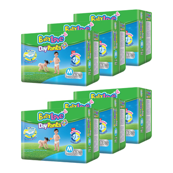 ขายยกลัง ! BABYLOVE เบบี้เลิฟ กางเกงผ้าอ้อมเด็ก เดย์แพ้นส์ ไซส์ M แพ็คละ 17 ชิ้น (รวม 6 แพ็ค ทั้งหมด 102 ชิ้น)