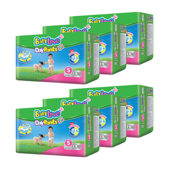 ฺBABYLOVE เบบี้เลิฟ กางเกงผ้าอ้อมเด็ก เดย์แพ้นส์ ไซส์ S 6 แพ็ค 114 ชิ้น (แพ็คละ 19 ชิ้น)