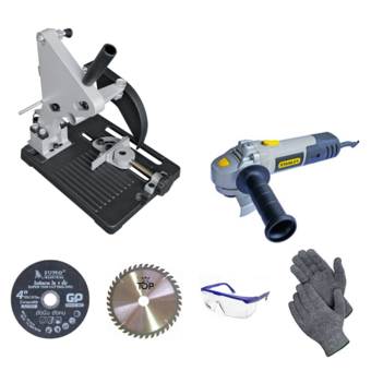 Stanley เครื่องเจียร์ รุ่น STEL810 + แท่นจับเครื่องเจียร + ใบตัดเหล็ก 4 + ใบวงเดือน 4" + แว่นตากันสะเก็ด + ถุงมือผ้า"