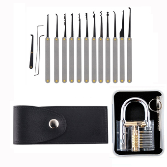 Transparent Cutaway Practice Padlock with Lock Case + 12-Piece Lock Pick Set with PU Storage Bag