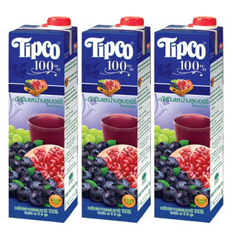 TIPCO ทิปโก้ น้ำทับทิม + น้ำบลูเบอร์รี่ ผสมน้ำองุ่น 100% 1000 ML. (แพ็ค 3 กล่อง)