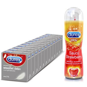Durex Wholesale Pack Fetherlite Ultima Condom 3&#039;s x12 box &amp; Play Strawberry 50ml ดูเร็กซ์ ขายส่งยกแพ็ค ถุงยางอนามัย เฟเธอร์ไลท์ อัลติมาแบบ 3 ชิ้น 12 กล่อง &amp; เจลหล่อลื่น เพลย์ สตรอเบอรี่ 50มล.