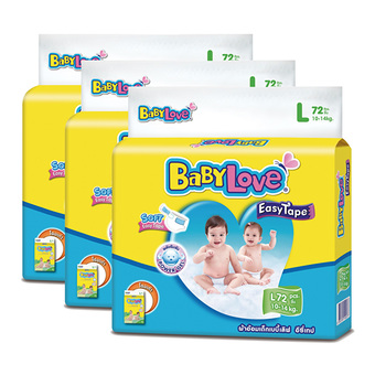 ขายยกลัง! BABYLOVE BABY DIAPER EASYTAPE ผ้าอ้อมเด็กแบบเทปกาว ไซส์ L 3 แพ็ค 216 ชิ้น (แพ็คละ 72 ชิ้น)