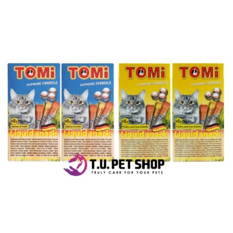 Tomi Liquid Snack โทมิ ขนมแมวเลีย (รสแซลมอน+อินูลิน 2 กล่อง และ รสไก่+ตับ 2 กล่อง)