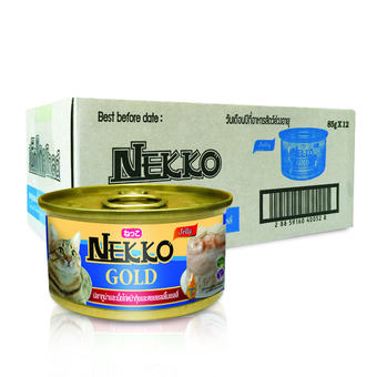 Nekko Gold อาหารแมวเน็กโกะ ปลาทูน่าและไก่หน้ากุ้งและหอยเชลล์ในเยลลี่ 85 g. x 12 กรป๋อง