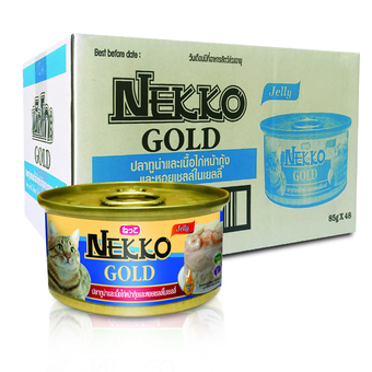 Nekko Gold อาหารแมวเน็กโกะ ปลาทูน่าและไก่หน้ากุ้งและหอยเชลล์ในเยลลี่ 85 g. x 48 กรป๋อง
