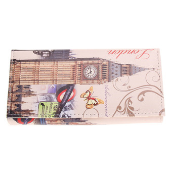 Lady Long PU Leather Printing Retro Vintage Tower Purses(clock)