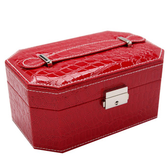 PU Leather Double Layers Jewelry Storage Box Case Organizer Mirror Red