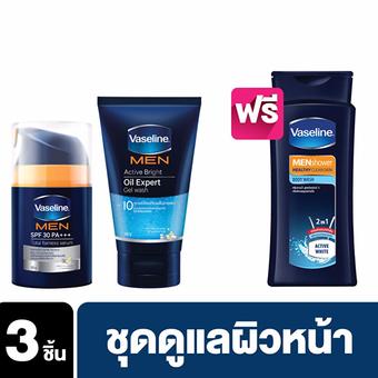 วาสลีน เมน เซรั่ม เอสพีเอฟ 30 PA+++ ฟ้า (50 มล.) และ วาสลีน เมน ออย เจล วอช ฟ้า (100 ก) แถมฟรี วาสลีน เมน ชาวเวอร์ แอคทีฟ ไวท์ บอดี้ วอช (200 มล.) มูลค่า 69 บาท