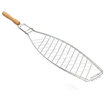 BBQ Barbecue One Fish Grilling Basket Folder Tool Roast with Wooden Handle