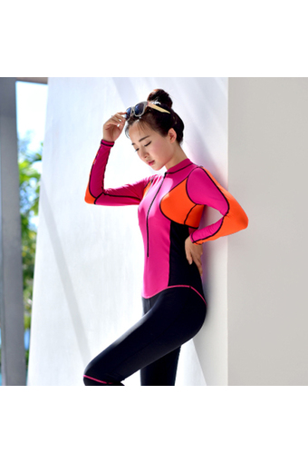 Women Wetsuits Sunscreen Swimsuit Body One-piece Long-sleeved Pants Unisex Look (Orange Red) - Intl