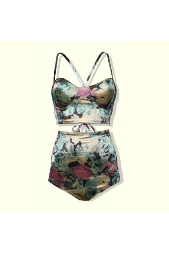 candy aholic Vintage Rose set [สีเขียว] ชุดว่ายน้ำ ทูพีทแนววินเทจ บรามีสายไขว้หลัง กางเกงเอวสูง