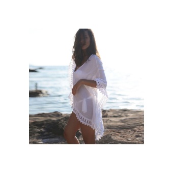 GETEK Women V-Neck Plus Organza Asymmetric Hem Lace Bikini Cover-up (White)
