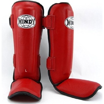Windy สนับแข้งมวยไทยวินดี้ สปอร์ต หนังแท้ สีแดง ไซค์ L - Windy Sports Shin guards Muay Thai Kickboxing Red - Size L