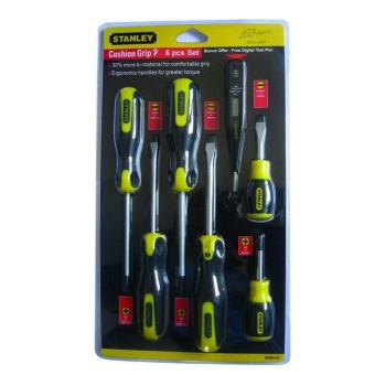 Stanley ไขควง ปากแบน - ปากแฉก ชุด 6 ชิ้น รุ่น Cushion Grip 2 พร้อม ไขควงลองไฟ ดิจิตอล 1 อัน