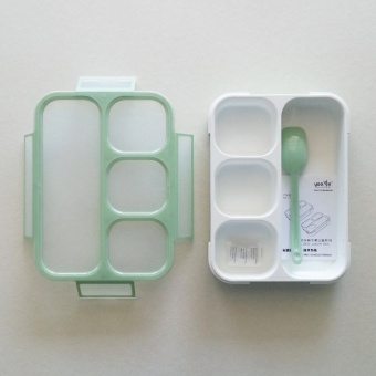 Inthebox-Shop กล่องข้าวอุ่นไมโครเวฟได้แบบฝาล็อก ช่องอาหาร 4 ช่องพร้อมช้อนในกล่อง (สีเขียว)