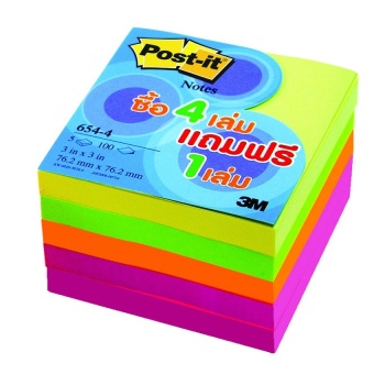 Post-It® โน้ต 654-4 Vad แพ็คสุดคุ้มคละสีสะท้อนแสง Notes 654-4 Vad Neon 4 Pads Free Yellow 1 Pad