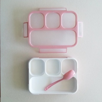 Inthebox-Shop กล่องข้าวอุ่นไมโครเวฟได้แบบฝาล็อก ช่องอาหาร 4 ช่องพร้อมช้อนในกล่อง (สีชมพู)
