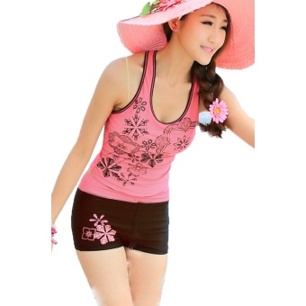 Sunwonder Women Beach Tank Tops + Sport Shorts Swimwear Swimsuit Set ( Pink )
