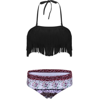 Women Sexy Beach Wear Halter Fringe Print Bikini Set (Black) - Intl