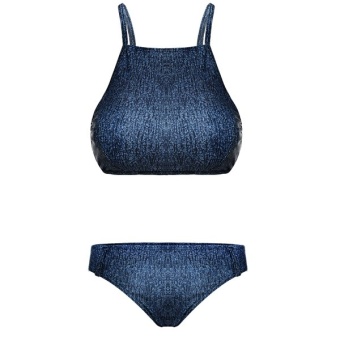 Cyber Two Pieces Halter Backless Padded Low Waist Solid Swimwear Beach Wear Swimsuit Bikini Set (Blue)