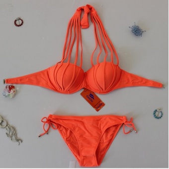 Venus queen Women&#039;s Orange Solid Color Push-Up Bra Vintage Sexy Plus Size High Waist Summer Neoprene Bikini Set Swimsuit Swimwear Beachwear