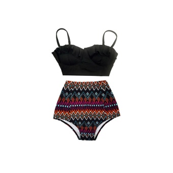 kbunny ชุดว่ายน้ำเอวสูง บราระบายสีดำ กางเกงดำจับจีบข้าง ใส่แล้วดูผอม Two-Piece High Waist Bathing Suit Swimwear