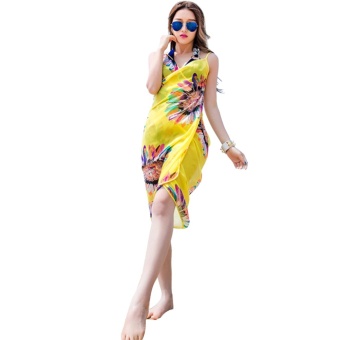 Women Deep V Backless Wrap Chiffon Swimwear Bikini Beach Cover Up Sarong Beach Dress Yellow