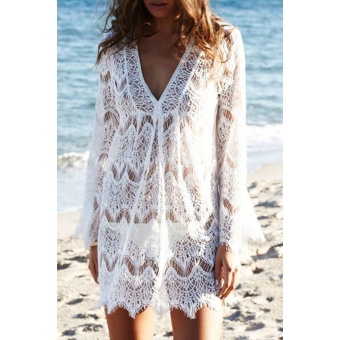 Sunwonder Hollow Out Lace Mini Dress Bikini Cover-up (White)