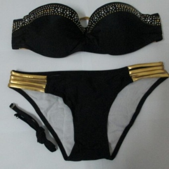 Fashion Women Medium Waist Rhinestone Bikinis Set Women Swimwear (Black) - Intl