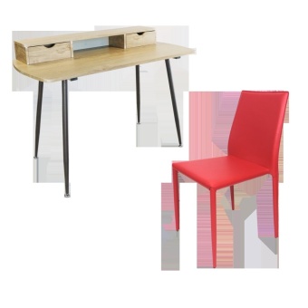 U-RO DECOR โต๊ะทำงานอเนกประสงค์/โต๊ะคอมพิวเตอร์ รุ่น RENO รีโน (สีโอ้คธรรมชาติ/น้ำตาลเข้ม) + เก้าอี้รับประทานอาหาร รุ่น DOMINO (สีแดง)