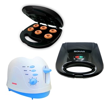 Sonar ชุดทำเบเกอรี่ เครื่องปิ้งขนมปัง ET-200S (สีขาว)+เครื่องทำโดนัท DM-007 (สีดำ)+เครื่องทำวาฟเฟิล SM-W030 (สีดำ)