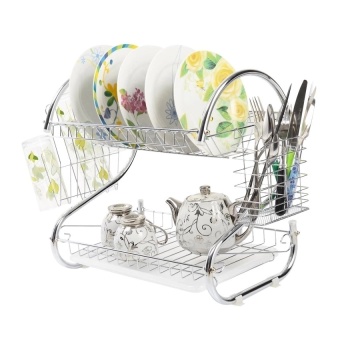 BEST HS ชั้นคว่ำจานสแตนเลสอเนกประสงค์ 2 ชั้น 2 Tiers S Shape Dish Cup Drying Rack (Silver)
