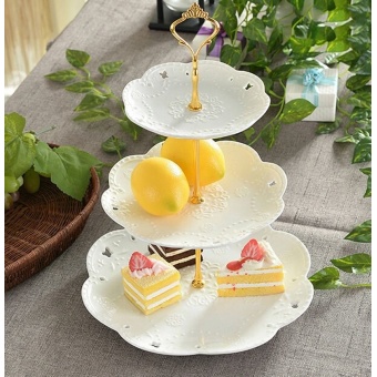 KitchenMarks (รวมจาน 3 ใบแล้ว) ชุด High tea 3 ชั้น จานเซรามิคพอร์ซเลน จานเสริฟเค้ก 3 ชั้น สีทอง รวมจานเซรามิค 3 ใบ