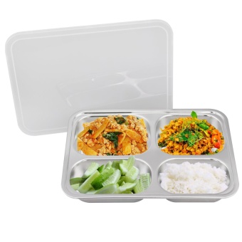 GetZhop ถาดอาหาร สแตนเลส ถาดหลุม 4 ช่องใหญ่ พร้อม ฝาพลาสติก
