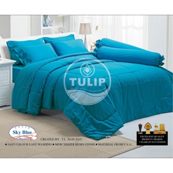 Tulip Cotton Mix ชุดเครื่องนอน ขนาด 6 ฟุต สีฟ้าคราม ผ้าปูรัดมุม หมอนหนุนระบาย หมอนข้าง รวม 5 ชิ้น 00002/Skyblue